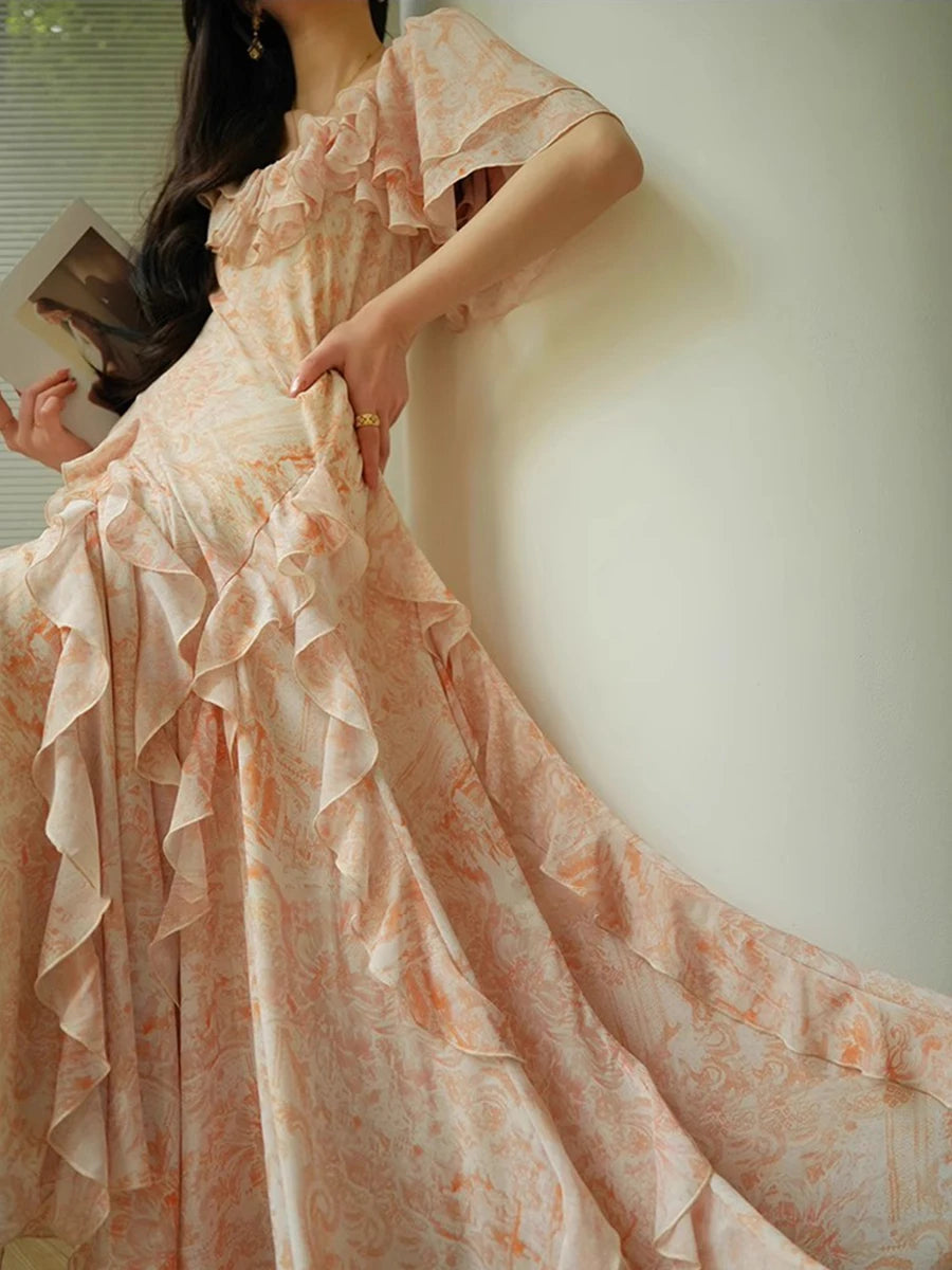 Ruffles O Neck Short Sleeve High Waist Temperament Slimming Dress