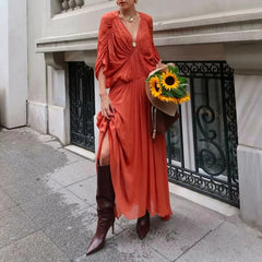 Solid Spliced Folds V Neck Short Sleeve High Waist Temperament Dress