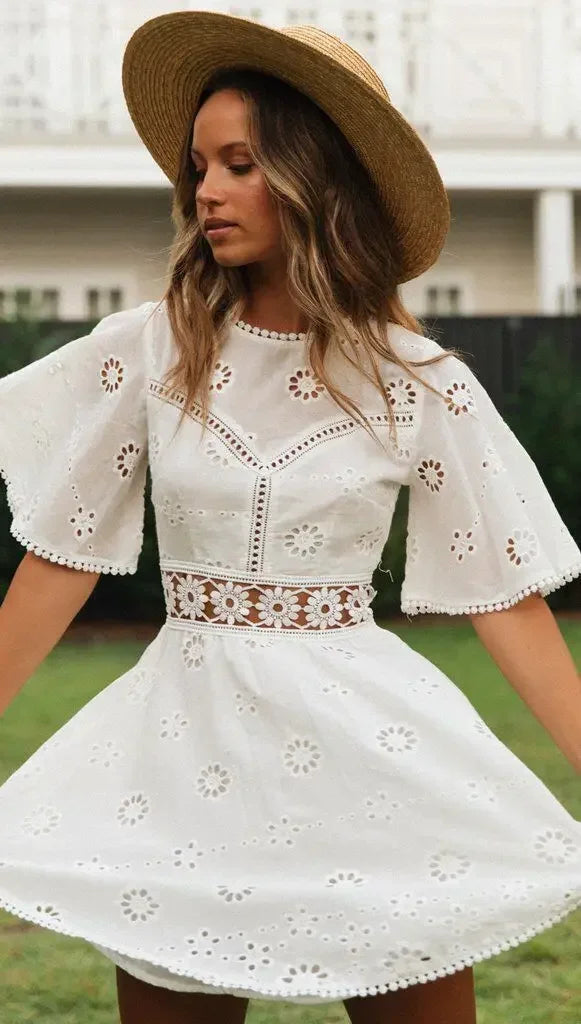 Casual Flower Backless Floral Embroidery Cotton Party Mini Dress