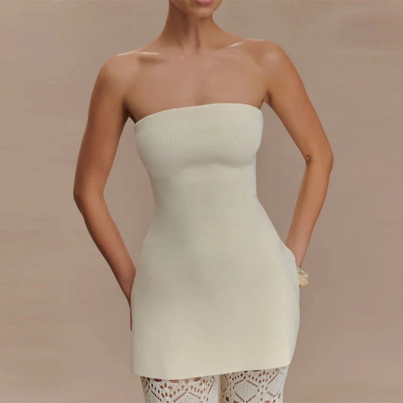 Chic Knitted Hollow Out Solid Strapless Sleeveless Tops Straight Trousers Sets