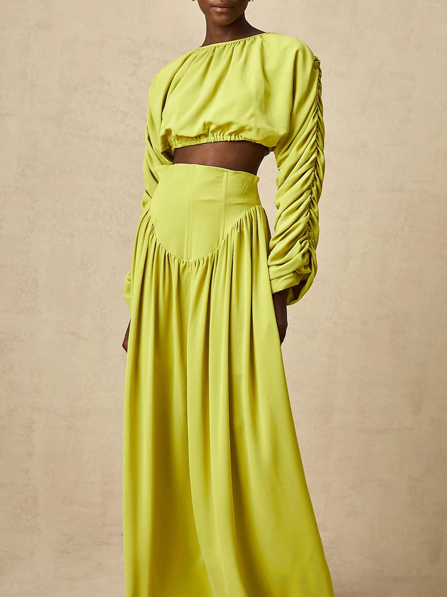 Vintage O Neck Long Sleeve Short Top High Waist A Line Skirts Suits Solid Loose Two Piece Set
