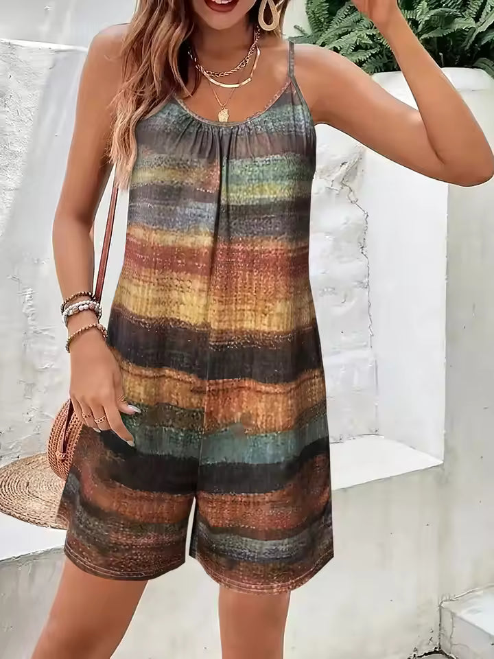 Casual Striped Pockets Drawing Printed Jumpsuit