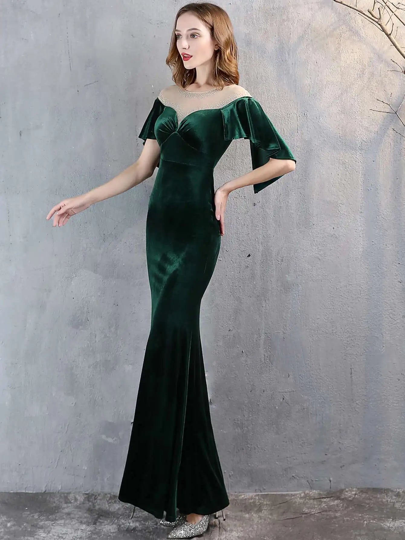 Luxury Mesh Velvet Diamonds O-Neck Wedding Cocktail Evening Dresses