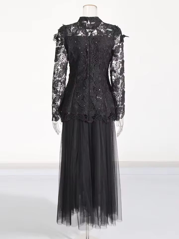 Hollow Out Spliced Lace Round Neck Long Sleeves Top High Waist Skirt Sets