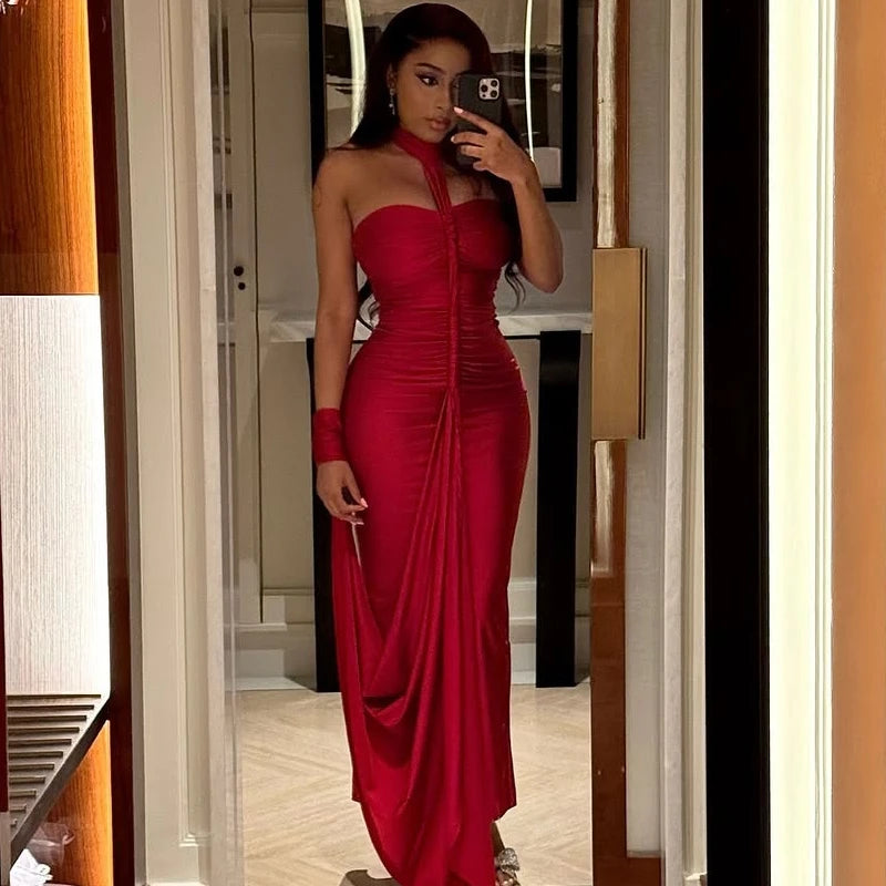 Elegant Halter Backless Skinny Hand Strap Hem Trend Vacation Birthday Party Maxi Dress