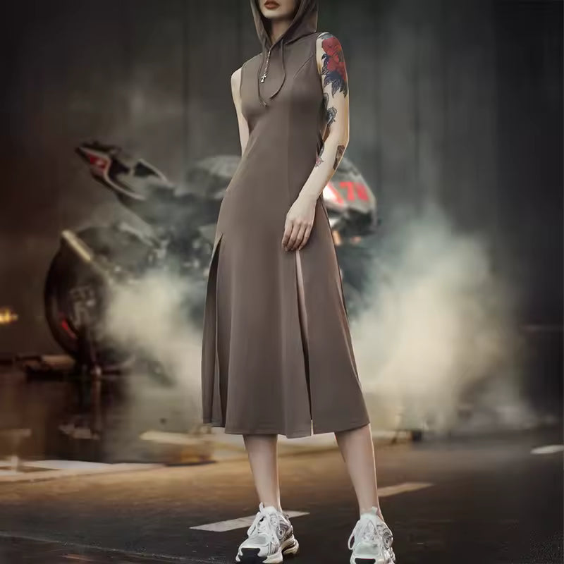 Sleeveless High-Slit Hooded Waist Cinching Backless Evening Bodycon Dress