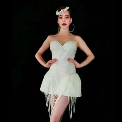 Luxury Elegant Strapless Pearl Skirt Concert Bodycon Mini Dress