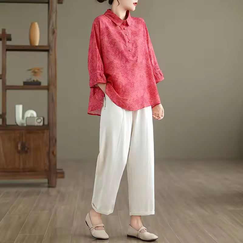 Vintage Print Casual 2 Piece Set Short Sleeve Loose T-shirt Tops Femme Harem Pants Suits