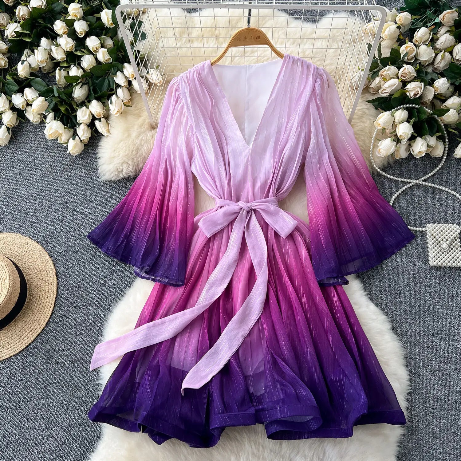 Casual Lace Up V-Neck Gradient Loose Mid Dresses