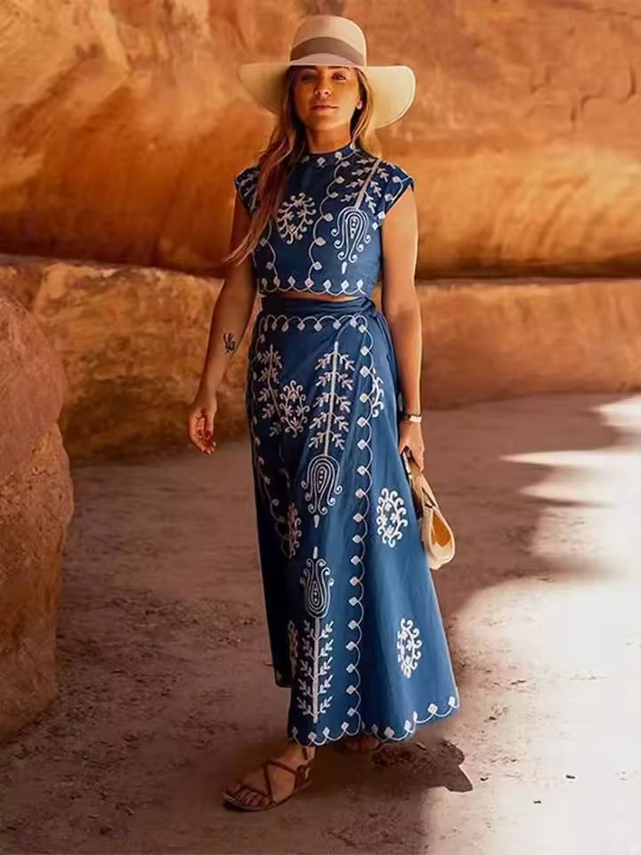 Print Cropped Top High Waist Lace up Vacation Style Skirt Two Piece Set
