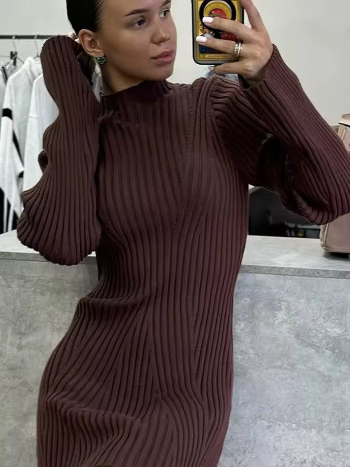 Casual O-neck Flare Sleeve Ribbed Pattern Knitted A-line Dress