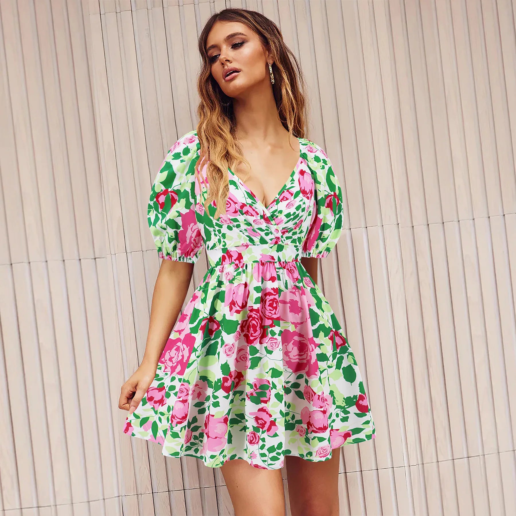 Casual V-Neck Printed Lantern Sleeve Loose Daily Short Dress