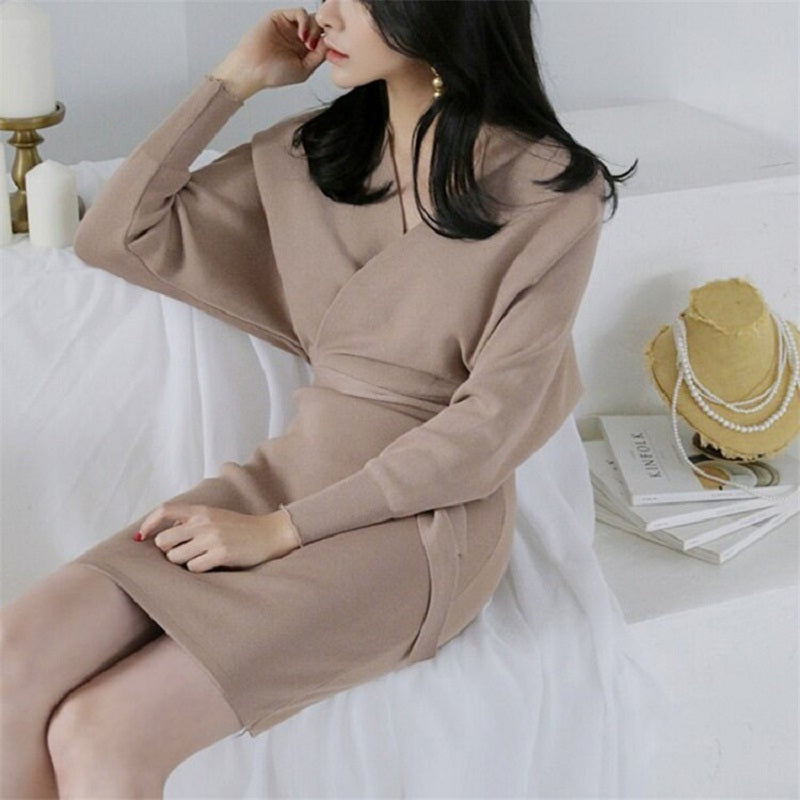 Sashes Lace Up Bow Fashionable Casual Skinny Slim Sweater Dress