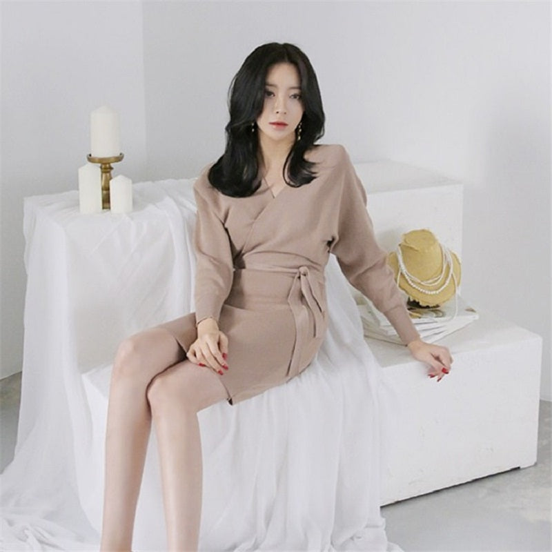 Sashes Lace Up Bow Fashionable Casual Skinny Slim Sweater Dress