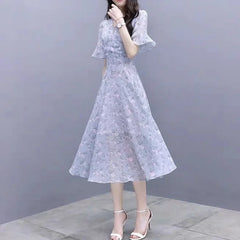 Satin Bandage Flower Silk Chiffon Floral Short Sleeve Midi on Promotion Elegant and Pretty Dresses