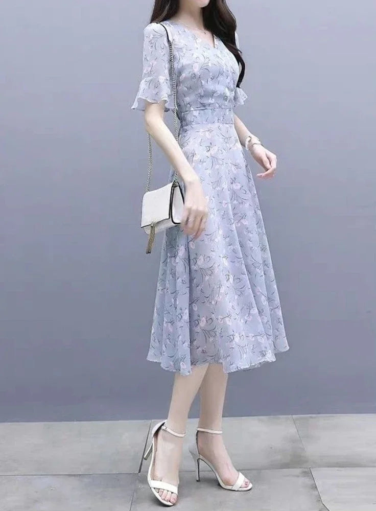 Satin Bandage Flower Silk Chiffon Floral Short Sleeve Midi on Promotion Elegant and Pretty Dresses