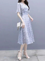 Satin Bandage Flower Silk Chiffon Floral Short Sleeve Midi on Promotion Elegant and Pretty Dresses