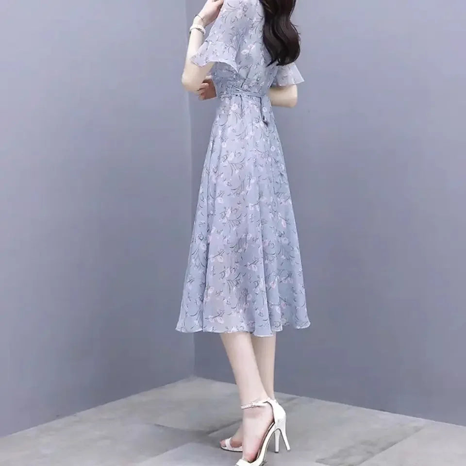 Satin Bandage Flower Silk Chiffon Floral Short Sleeve Midi on Promotion Elegant and Pretty Dresses