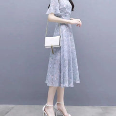Satin Bandage Flower Silk Chiffon Floral Short Sleeve Midi on Promotion Elegant and Pretty Dresses
