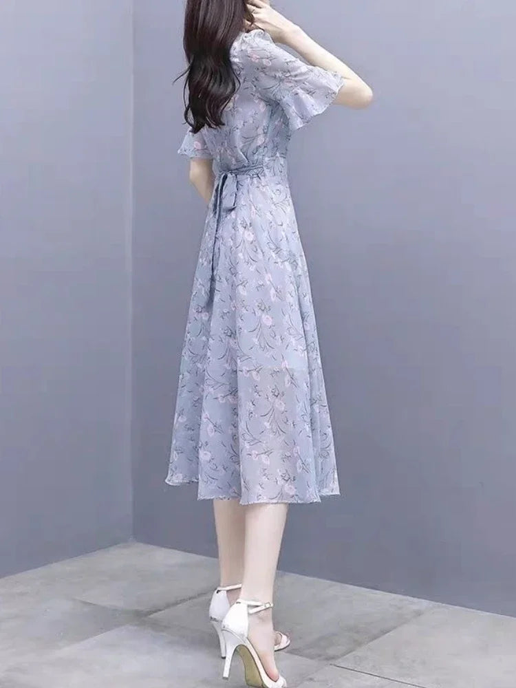 Satin Bandage Flower Silk Chiffon Floral Short Sleeve Midi on Promotion Elegant and Pretty Dresses