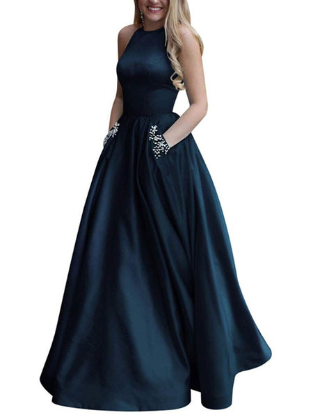 Satin Fabric Halter A Line Sleeveless Beaded Floor Length Party Prom Dresses