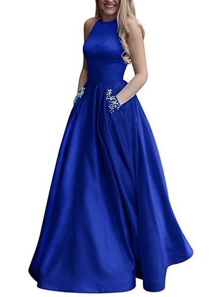 Satin Fabric Halter A Line Sleeveless Beaded Floor Length Party Prom Dresses