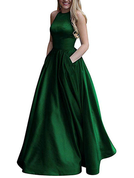 Satin Fabric Halter A Line Sleeveless Beaded Floor Length Party Prom Dresses