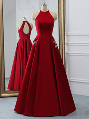 Satin Fabric Halter A Line Sleeveless Beaded Floor Length Party Prom Dresses