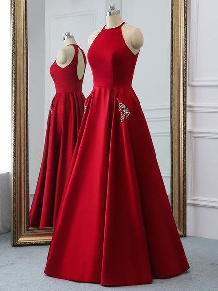 Satin Fabric Halter A Line Sleeveless Beaded Floor Length Party Prom Dresses
