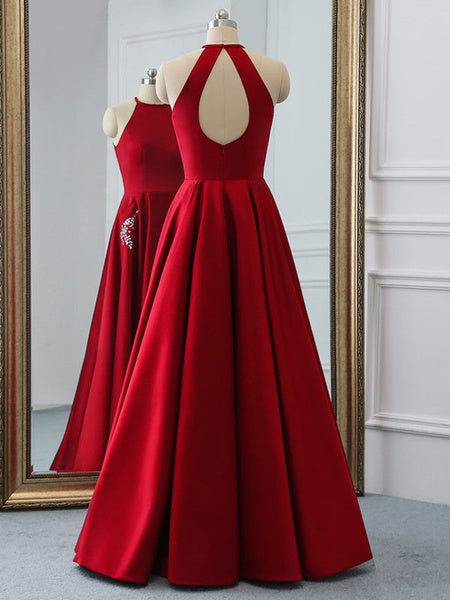 Satin Fabric Halter A Line Sleeveless Beaded Floor Length Party Prom Dresses