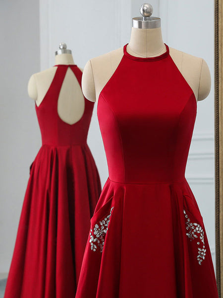 Satin Fabric Halter A Line Sleeveless Beaded Floor Length Party Prom Dresses