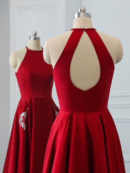 Satin Fabric Halter A Line Sleeveless Beaded Floor Length Party Prom Dresses