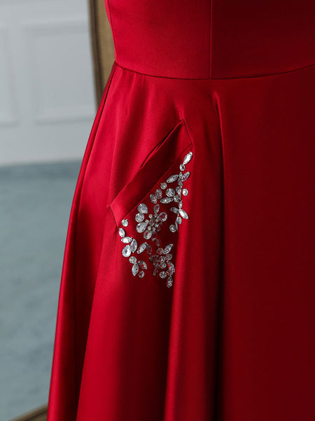 Satin Fabric Halter A Line Sleeveless Beaded Floor Length Party Prom Dresses