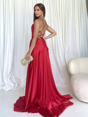 Satin Gown Lace-up Back Spaghetti Straps Formal Party Long Dress
