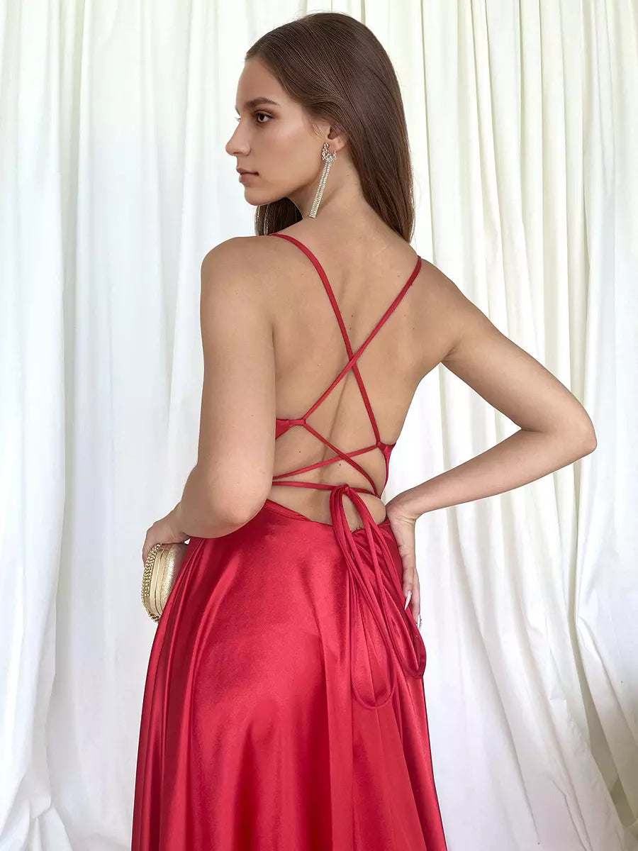 Satin Gown Lace-up Back Spaghetti Straps Formal Party Long Dress