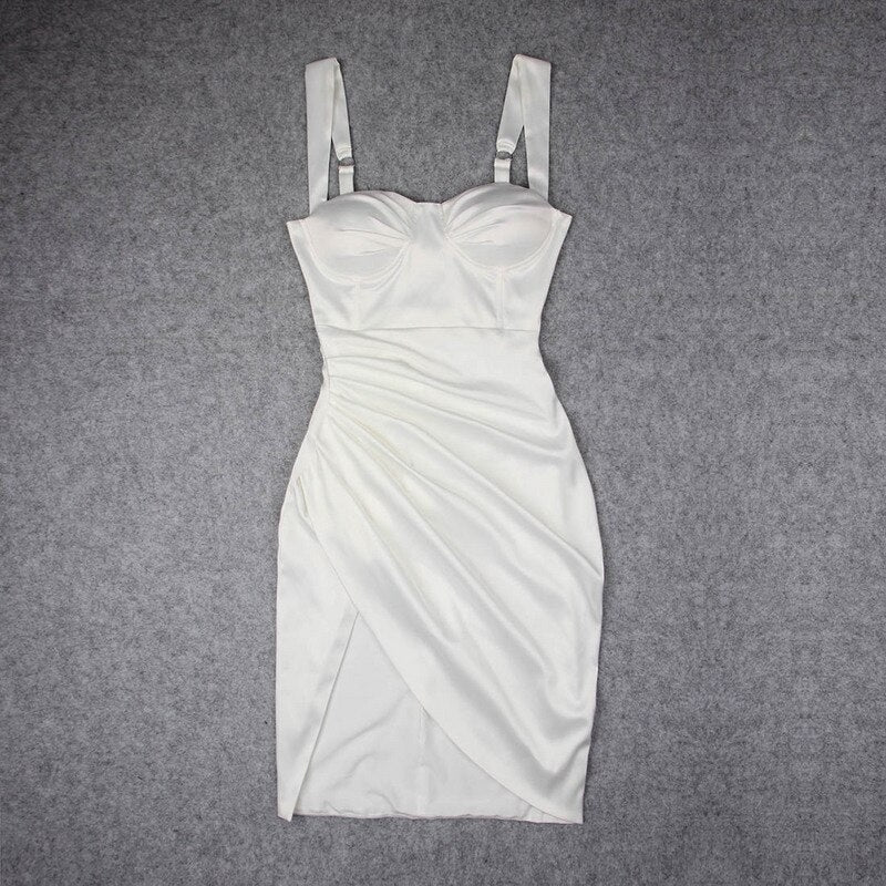 Draped Asymmetrical Satin Spaghetti Strap Split Midi Dresses