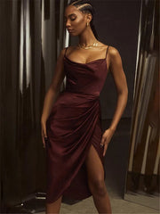 Satin Split Ruched Strap Party Dress