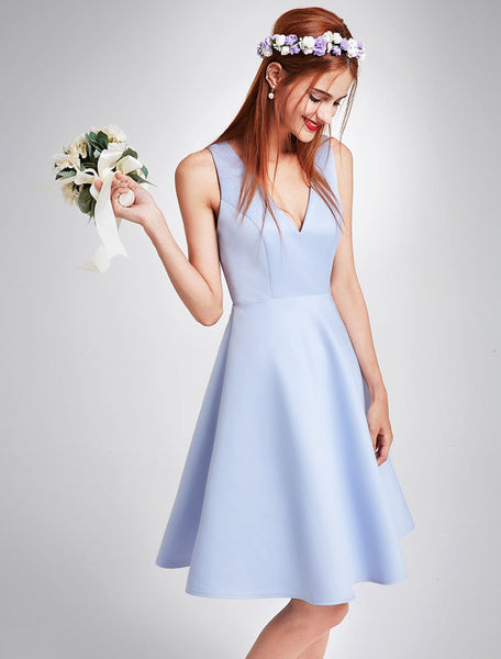 Satin V Neck Sleeveless Knee Length Wedding Party Short Bridesmaid Dresses