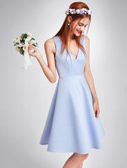 Satin V Neck Sleeveless Knee Length Wedding Party Short Bridesmaid Dresses