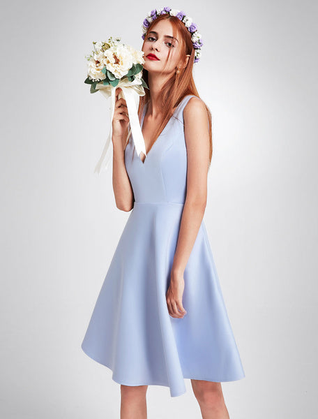 Satin V Neck Sleeveless Knee Length Wedding Party Short Bridesmaid Dresses