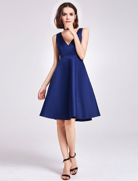 Satin V Neck Sleeveless Knee Length Wedding Party Short Bridesmaid Dresses