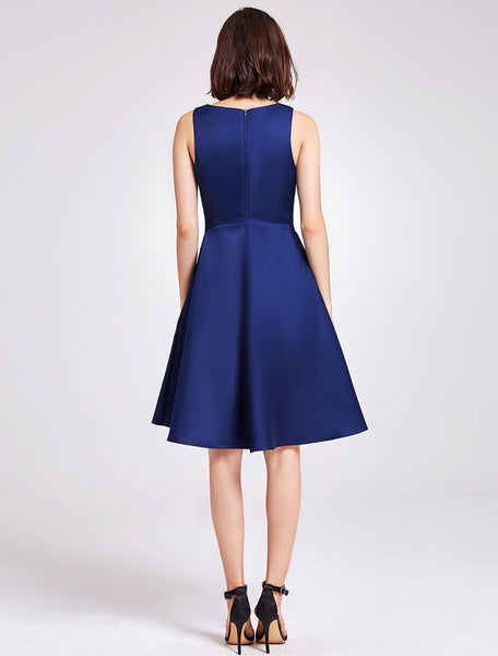 Satin V Neck Sleeveless Knee Length Wedding Party Short Bridesmaid Dresses