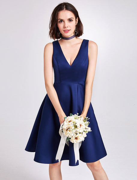 Satin V Neck Sleeveless Knee Length Wedding Party Short Bridesmaid Dresses