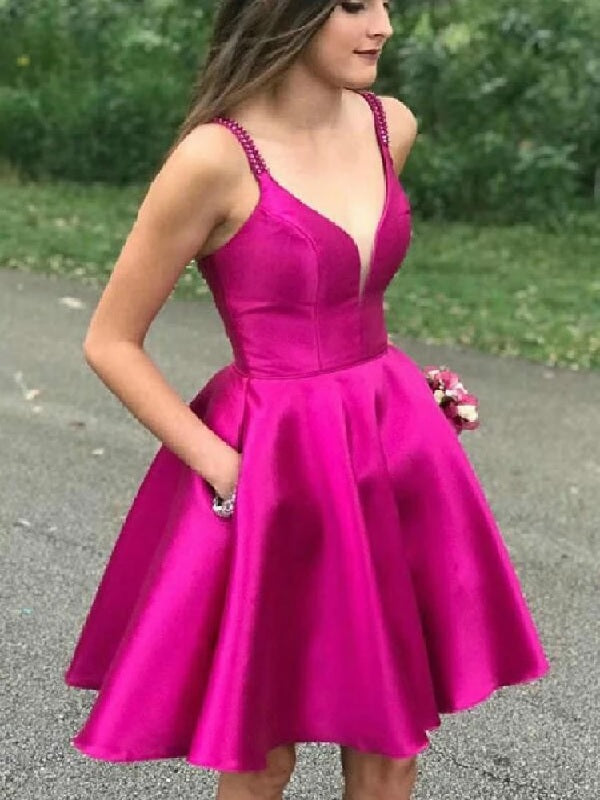 Satin V-neck Sleeveless Prom Party Dress with Pockets