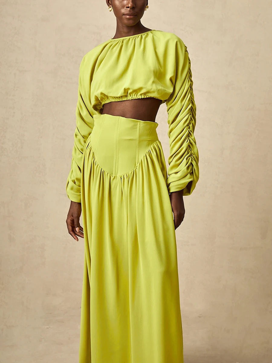 Vintage O Neck Long Sleeve Short Top High Waist A Line Skirts Suits Solid Loose Two Piece Set