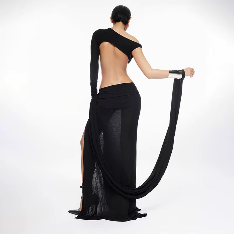 Elegant One Shoulder Irregular Hollow Out Bodycon Ribbon Split Maxi Dress
