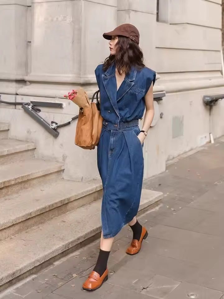 Retro High-End Sleeveless Denim Lapel Vest Top Paired With Slim Fit Skirt Two-Piece Set