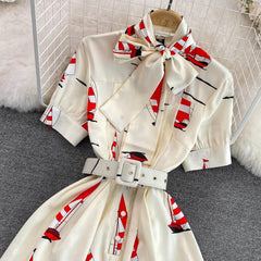 Scarf Collar Dress for Women Floral Print Short Sleeve Ladies Belt Dresses