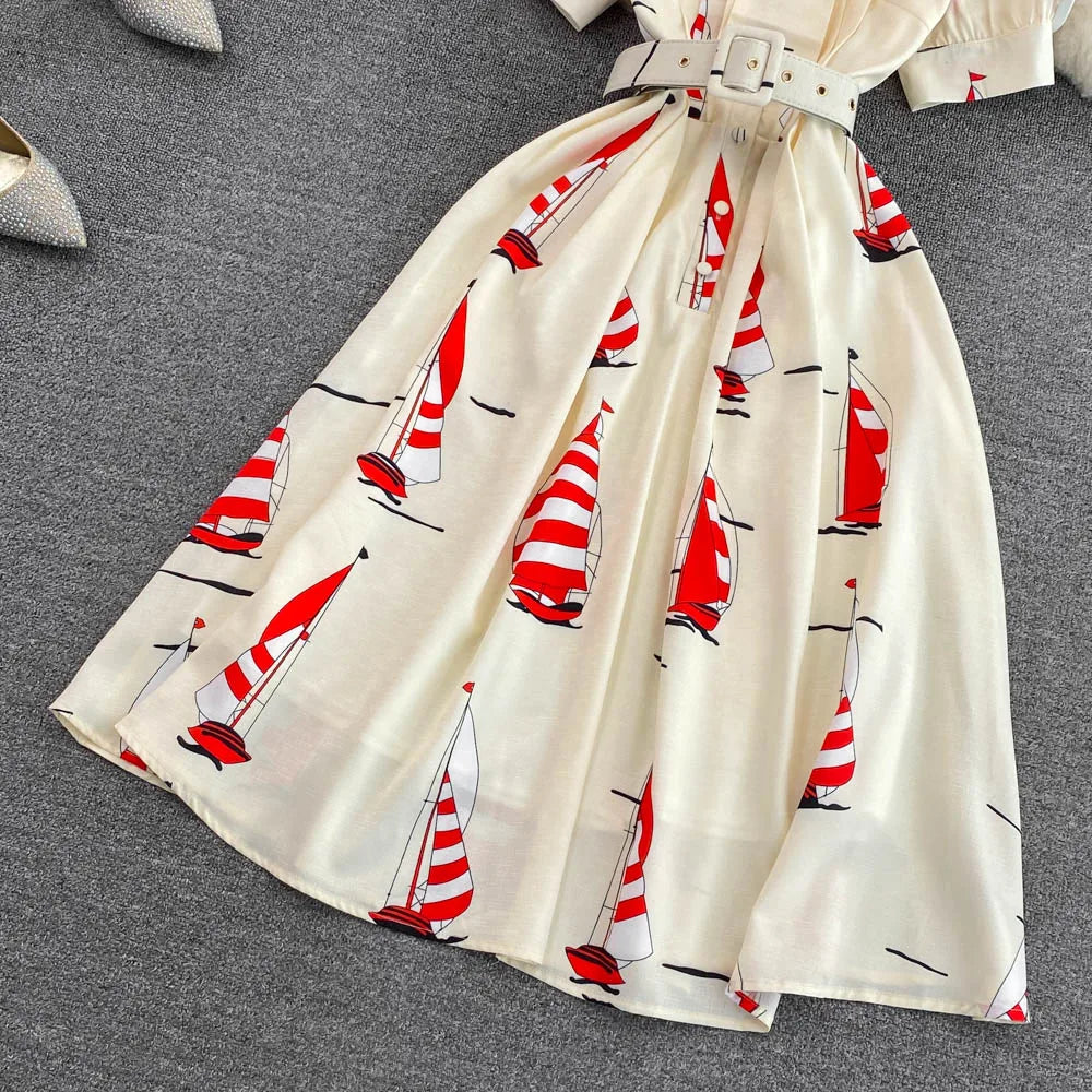 Scarf Collar Dress for Women Floral Print Short Sleeve Ladies Belt Dresses
