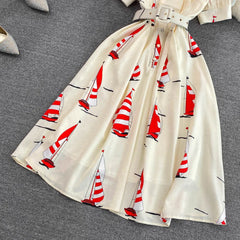 Scarf Collar Dress for Women Floral Print Short Sleeve Ladies Belt Dresses